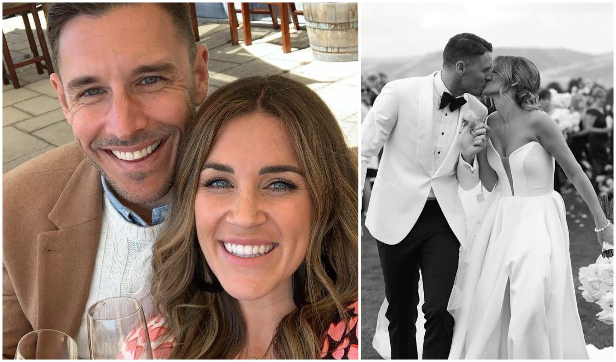 A couple taking a smiling selfie with drinks and a black-and-white image of them kissing on their wedding day.
