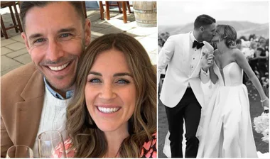 A couple taking a smiling selfie with drinks and a black-and-white image of them kissing on their wedding day.