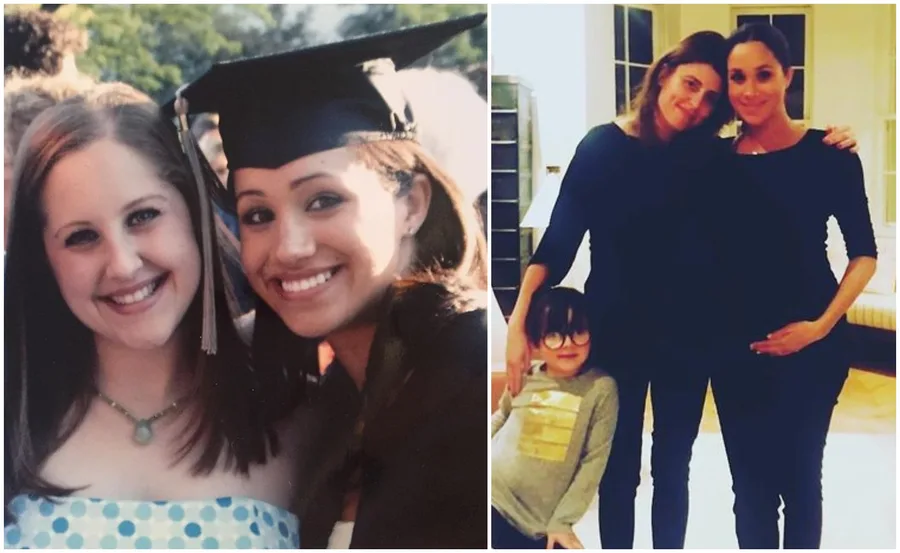 "Two photos: one with two women, one wearing a graduation cap; another with two women and a child indoors."