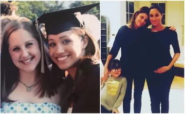 "Two photos: one with two women, one wearing a graduation cap; another with two women and a child indoors."