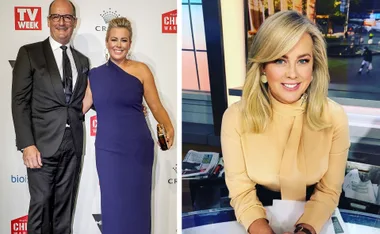 Two images: Left shows a man and a woman posing at an event; right is the woman smiling at a newsroom desk.