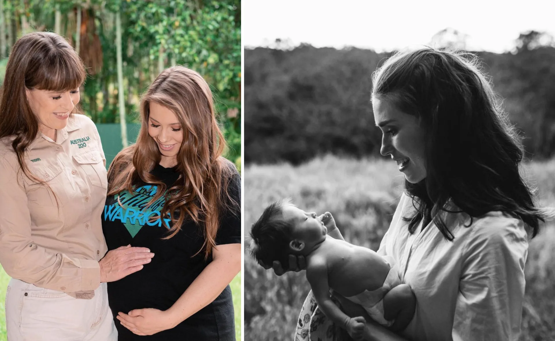 Two women, one in a zoo shirt touching the other's pregnant belly, and a black-and-white image of a woman holding a baby.