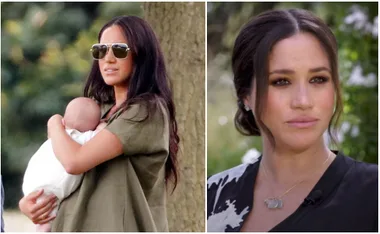 Meghan Markle holds Archie in a park; right, she appears in Oprah interview.