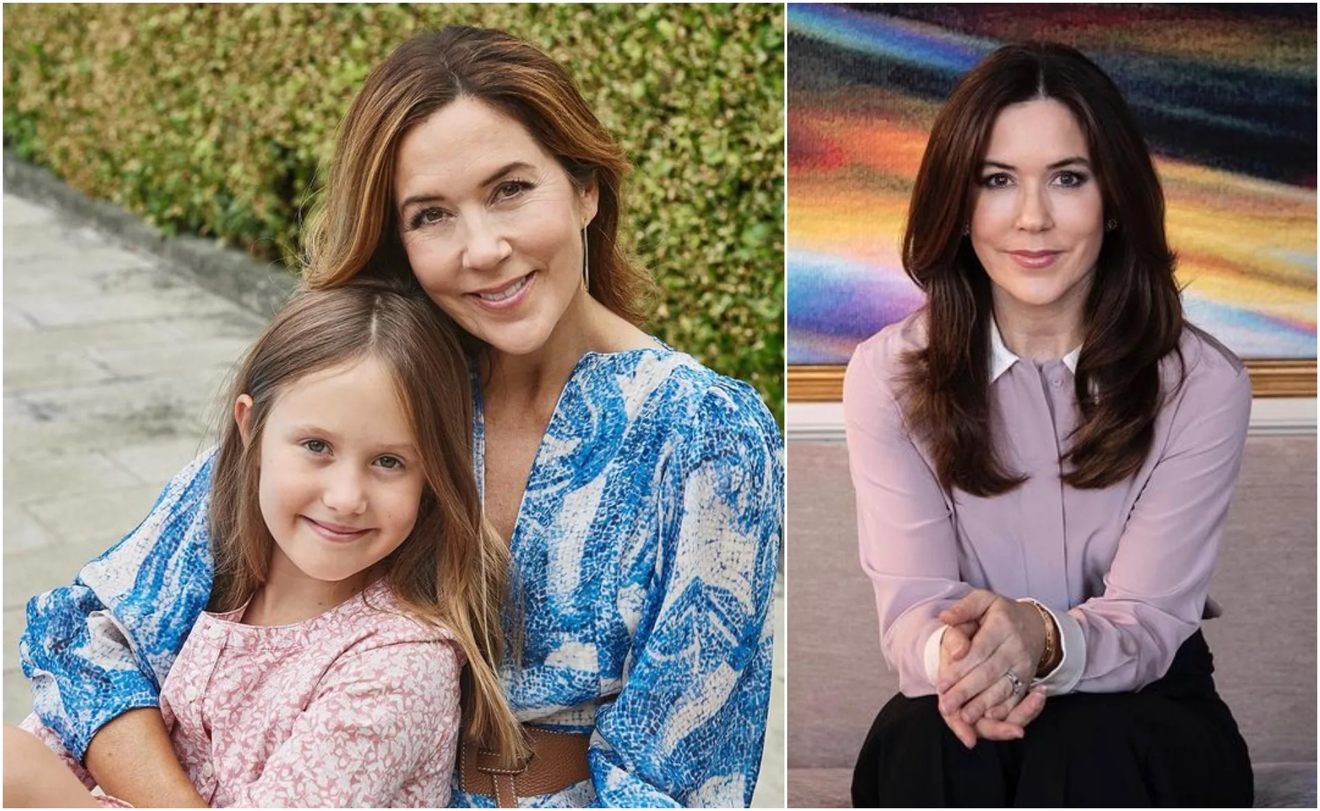 Princess Mary posing outdoors with a young girl, and in a separate portrait indoors with a colorful backdrop.