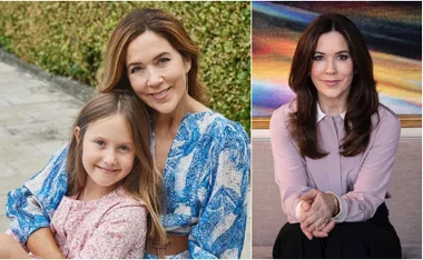 Princess Mary posing outdoors with a young girl, and in a separate portrait indoors with a colorful backdrop.