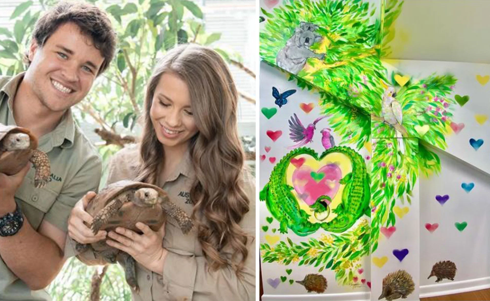 Couple holding tortoises in zoo uniforms; colorful wildlife-themed nursery mural with animals and hearts.