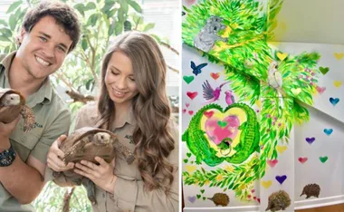 Couple holding tortoises in zoo uniforms; colorful wildlife-themed nursery mural with animals and hearts.