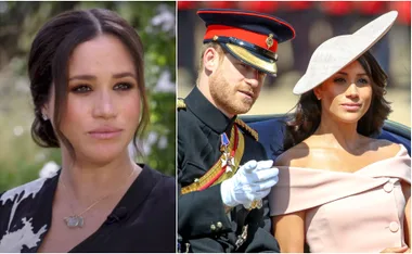 Meghan Markle in an interview and in formal attire with Prince Harry at a public event.