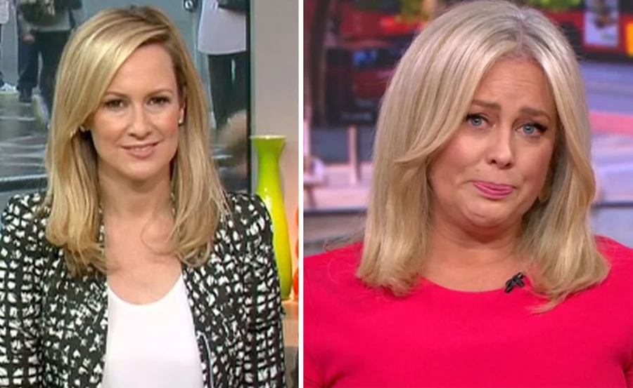 Two women with blonde hair on a news set; one in black and white, the other in red.