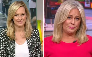 Two women with blonde hair on a news set; one in black and white, the other in red.