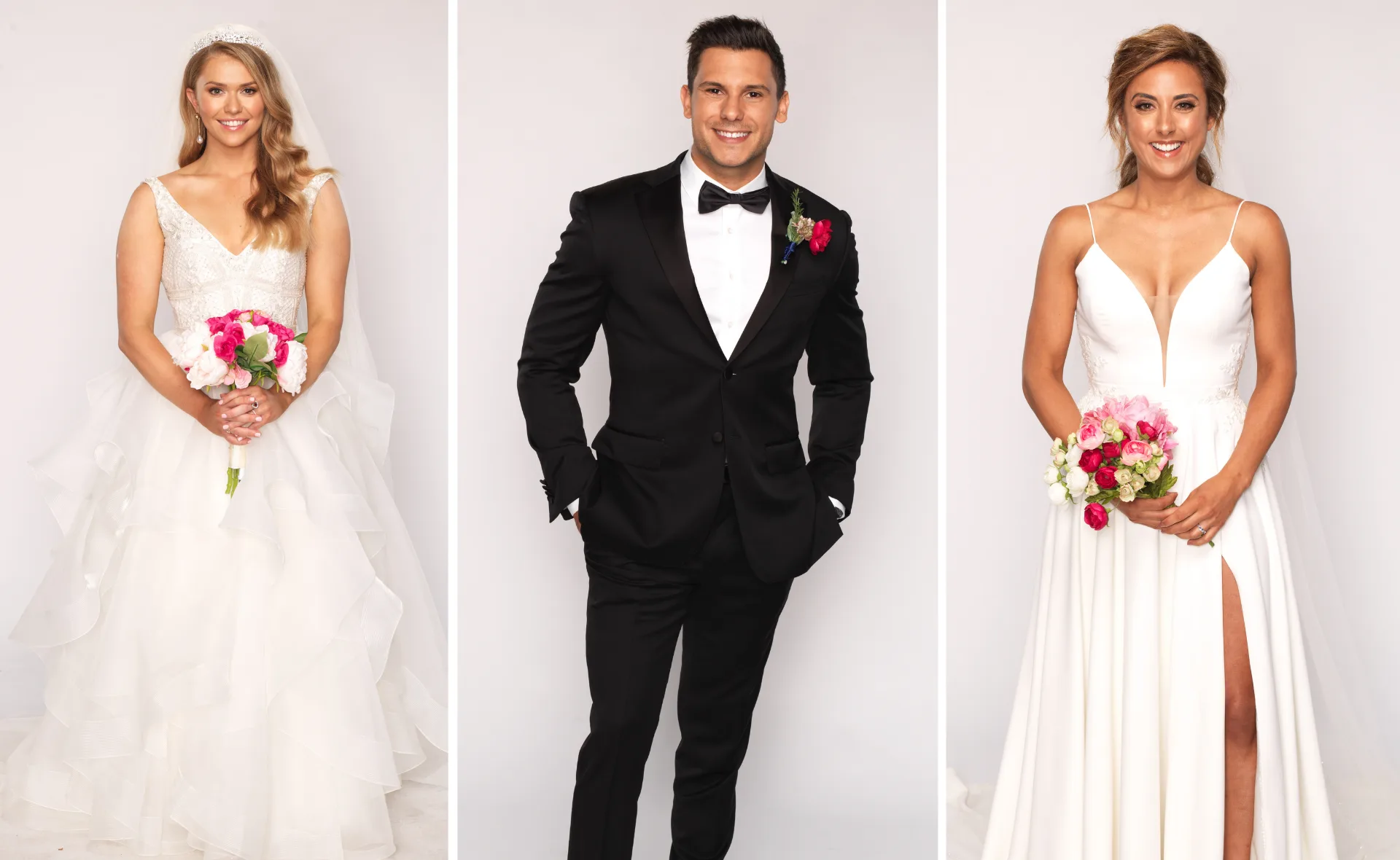 Three smiling "Married at First Sight" cast members dressed in wedding attire, two brides and one groom.