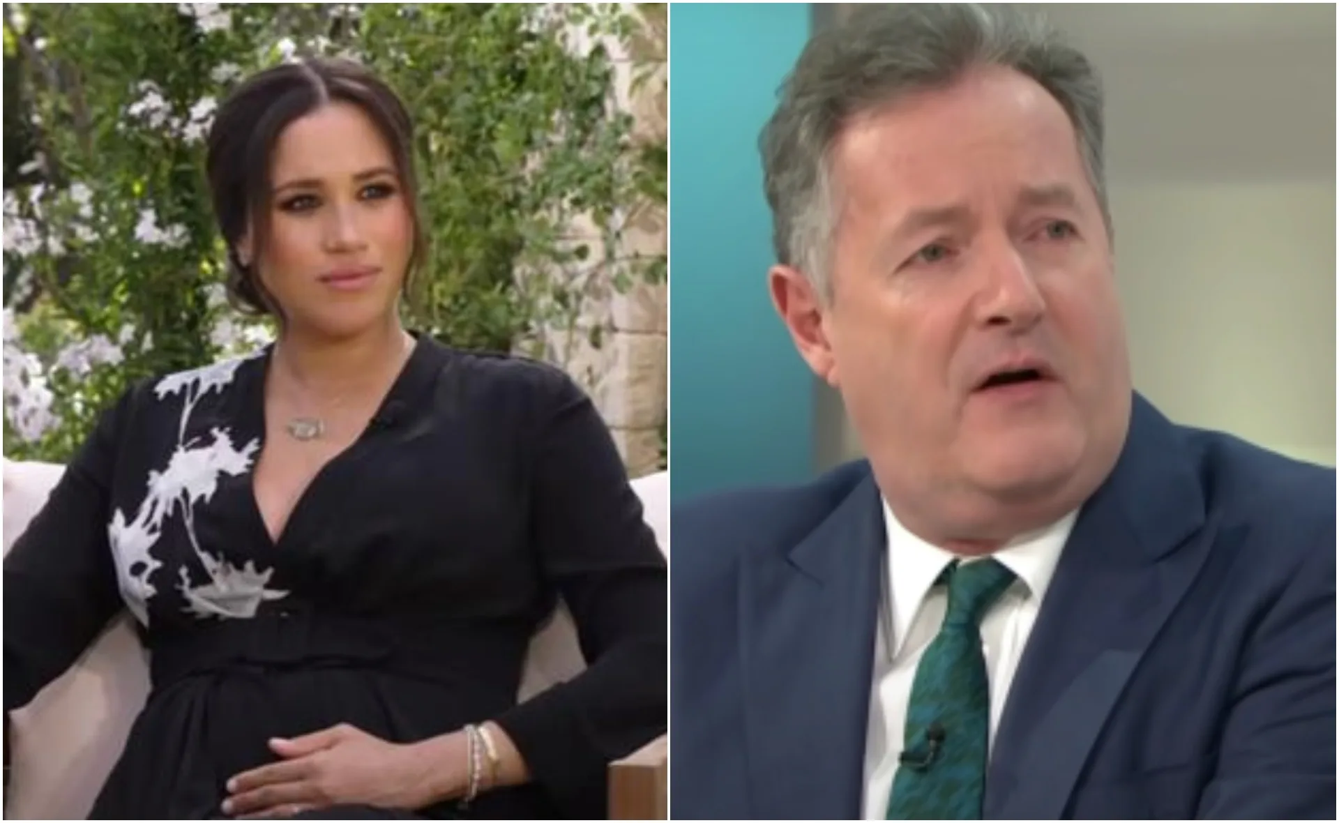 Two people are shown in a split screen image, one outdoors and one speaking indoors.