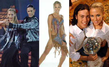 "Dancing with the Stars participant in various dance poses and costumes, holding a mirror ball trophy."