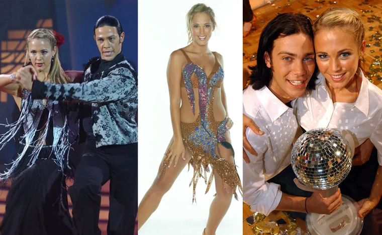 "Dancing with the Stars participant in various dance poses and costumes, holding a mirror ball trophy."