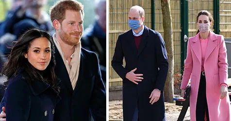 Prince Harry and Meghan Markle on the left; Prince William and Kate Middleton on the right, outdoors wearing coats.