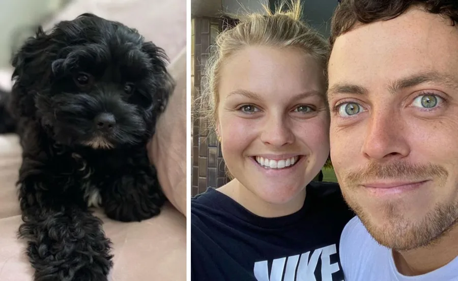 Young couple smiling beside a black puppy lying on a couch.