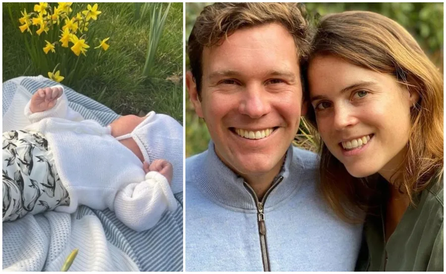 Baby lying in grass next to daffodils; couple smiling together in a close-up photo.