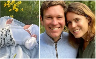 Baby lying in grass next to daffodils; couple smiling together in a close-up photo.