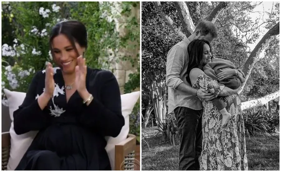 Meghan Markle claps seated in a garden; Harry hugs Meghan holding Archie in a black and white photo outside.