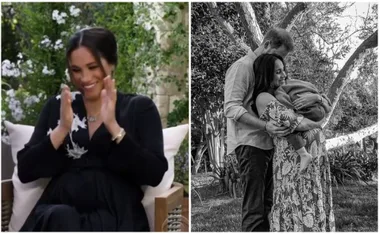 Meghan Markle claps seated in a garden; Harry hugs Meghan holding Archie in a black and white photo outside.