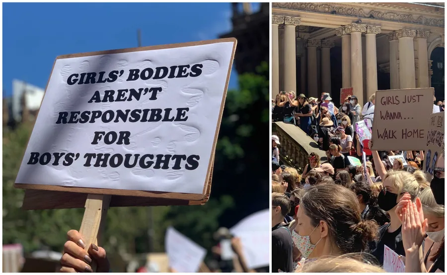Crowd at Women's March in Australia holding signs advocating for women's safety and rights.