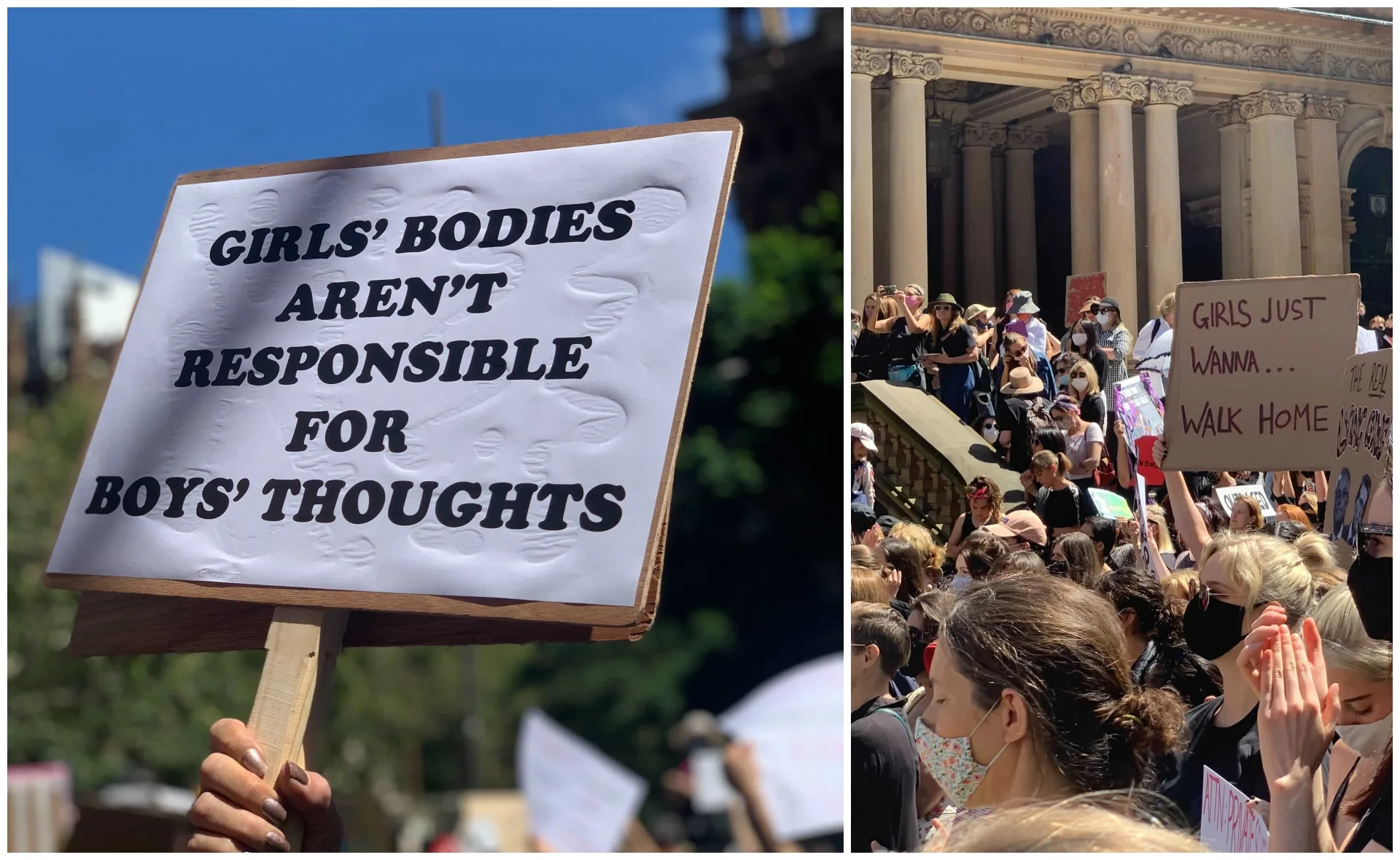 Crowd at Women's March in Australia holding signs advocating for women's safety and rights.