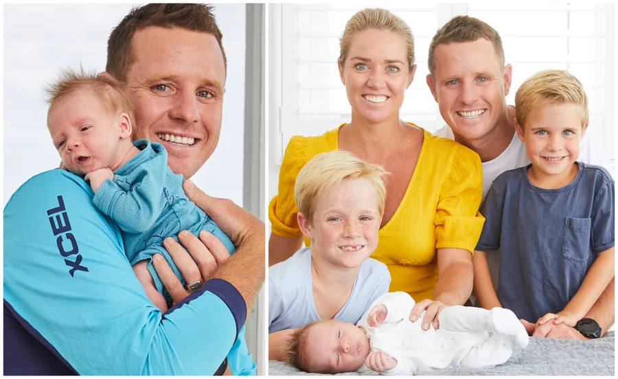 A man holding a baby on left; a family of five, including a baby, smiling on right.