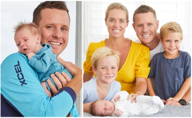 A man holding a baby on left; a family of five, including a baby, smiling on right.