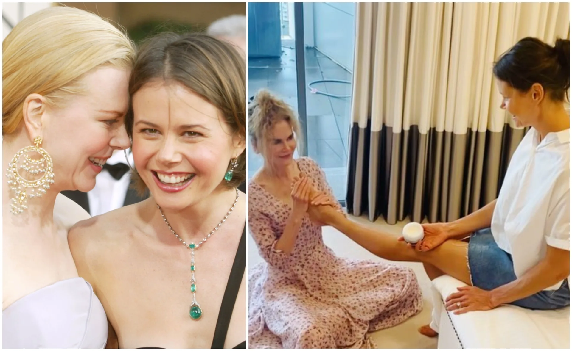 Two women at an event, smiling. One in a formal dress, the other applying lotion to a seated woman's leg indoors.