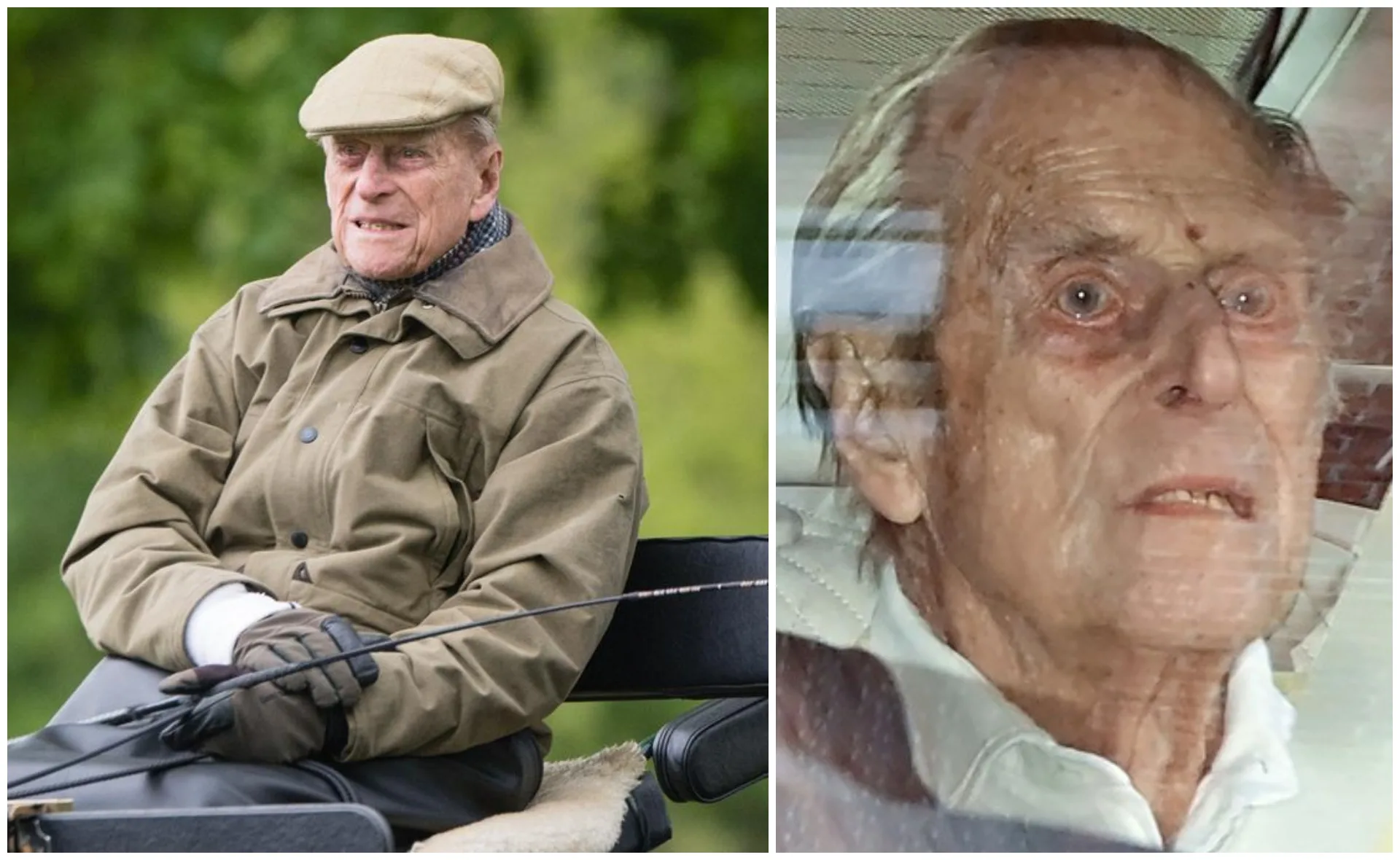 Elderly man in a cap and jacket sits outdoors; close-up through car window shows him looking thoughtful.