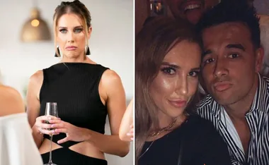 Person in black dress holding a glass; a selfie of a woman and man posing closely together.