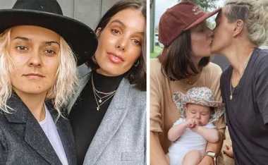 Two women pose for a selfie on the left; on the right, they kiss, holding a baby wearing a floral hat.