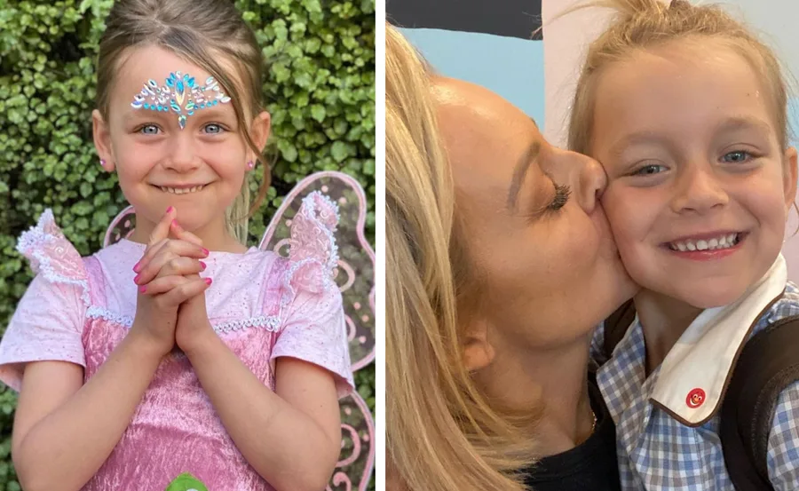 Young girl in pink fairy costume with gems on her face; woman kisses girl's cheek in another photo, both smiling.