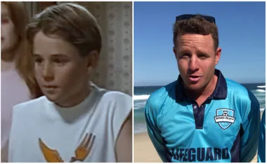 "Two images side by side of a young actor and an adult lifeguard; both appear to be the same person at different ages."
