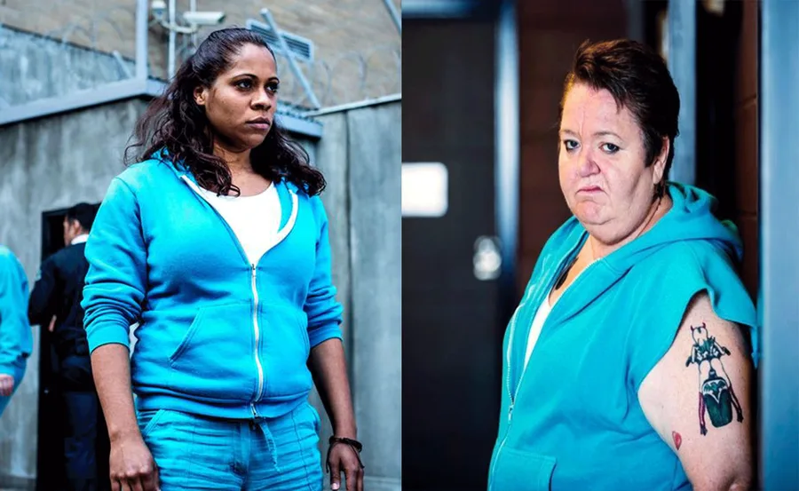 Two characters from "Wentworth," one with long hair, other with a tattoo, both in blue uniforms against a prison backdrop.