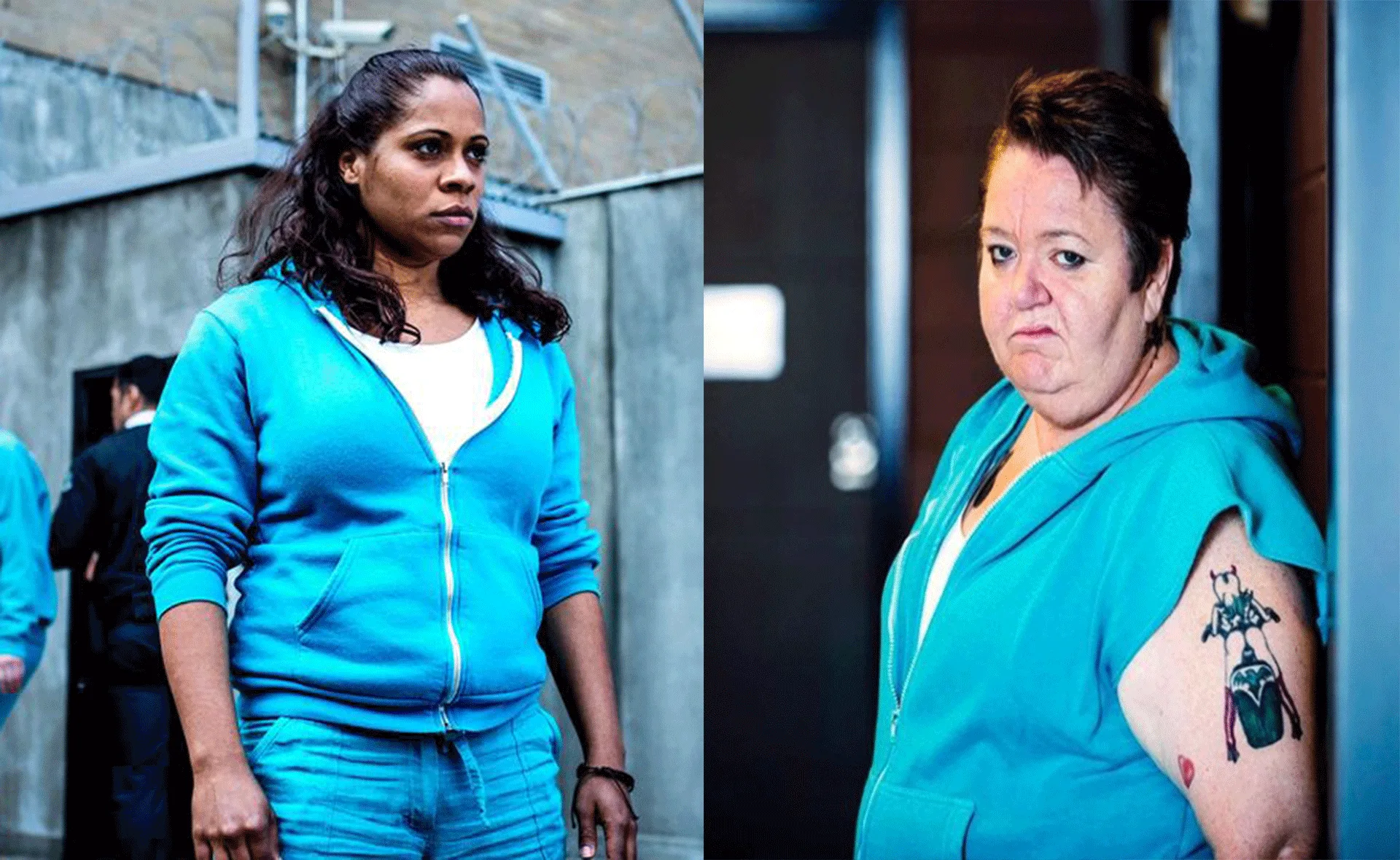 Two characters from "Wentworth," one with long hair, other with a tattoo, both in blue uniforms against a prison backdrop.