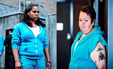 Two characters from "Wentworth," one with long hair, other with a tattoo, both in blue uniforms against a prison backdrop.