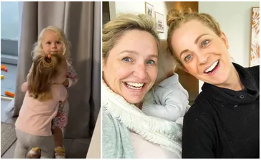 Left: Two young girls hugging. Right: Two women happily smiling at the camera.