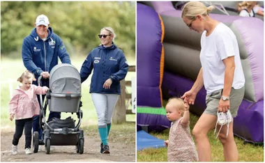 Family enjoying a walk; a man and woman with a stroller and two children, one holding the woman's hand.