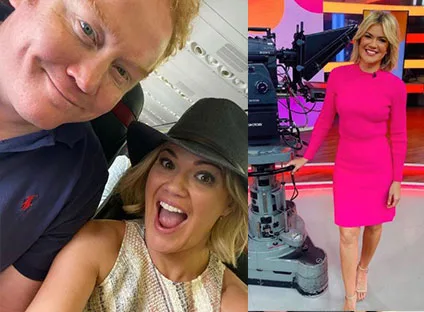 Two separate images: a smiling couple on a plane and a woman in a pink dress beside a TV camera indoors.