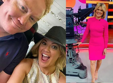 Two separate images: a smiling couple on a plane and a woman in a pink dress beside a TV camera indoors.