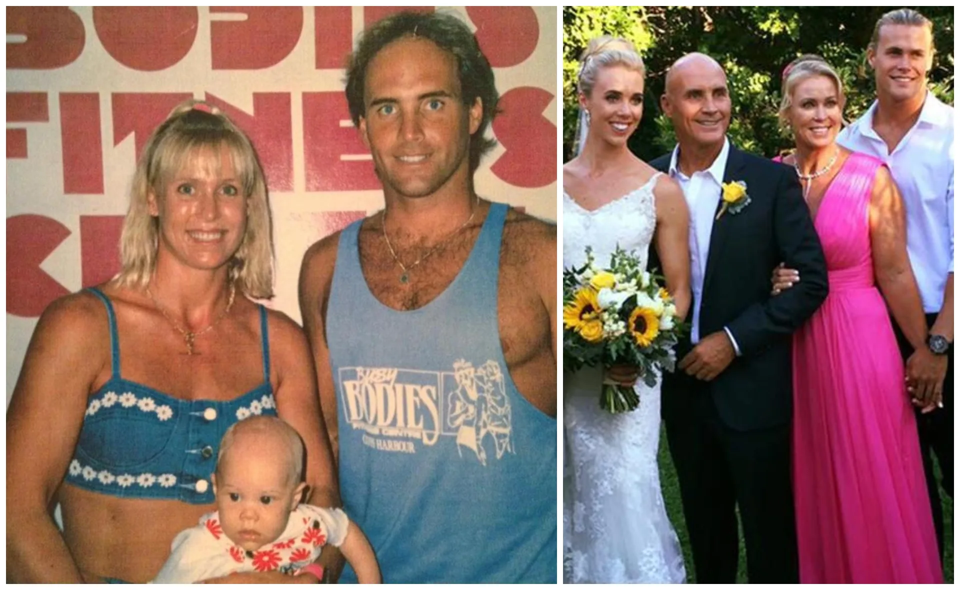 Two family photos, one with a couple holding a baby, the other with a wedding group.