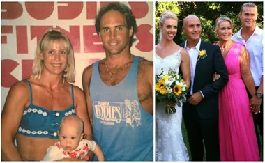 Two family photos, one with a couple holding a baby, the other with a wedding group.