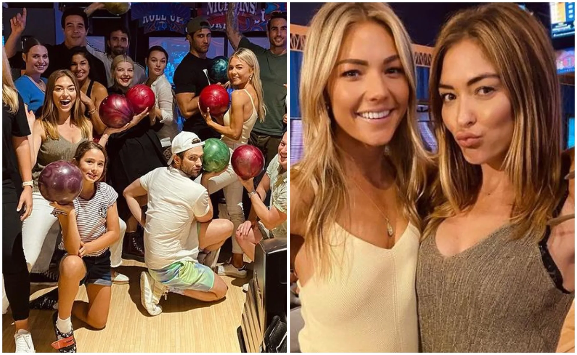 Group of people holding bowling balls, smiling; two women posing closely in a separate image, one making a playful face.