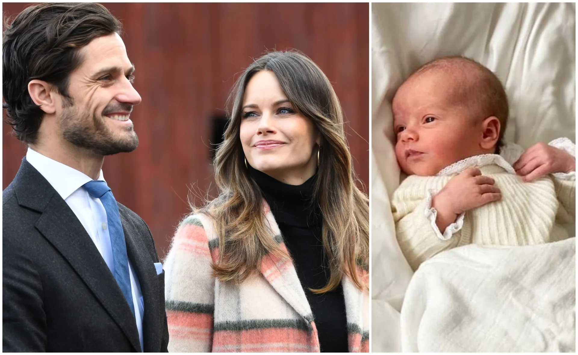 A man and woman smiling on the left, baby in a white outfit on the right.
