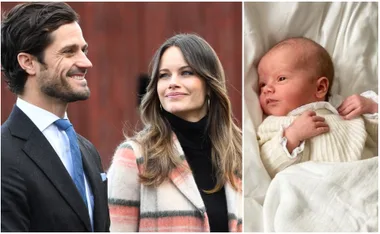 A man and woman smiling on the left, baby in a white outfit on the right.