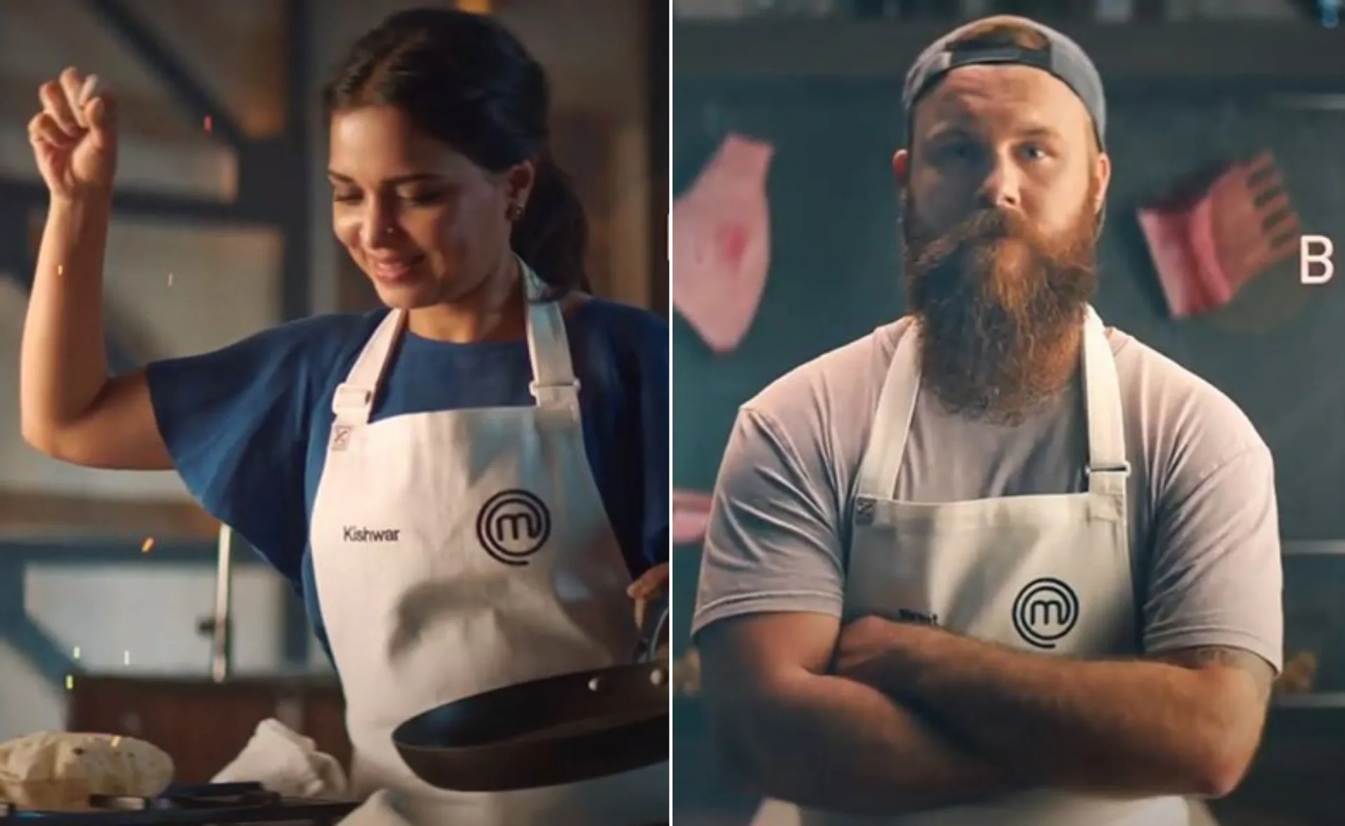 Two MasterChef Australia 2021 contestants wearing aprons; one holding a pan, another standing with folded arms.