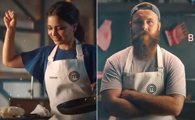 Two MasterChef Australia 2021 contestants wearing aprons; one holding a pan, another standing with folded arms.