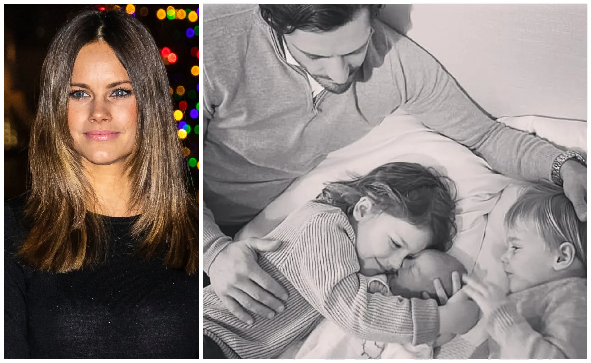 Woman smiling with festive lights and a grayscale family moment with children cuddling and a man's hand embracing them.