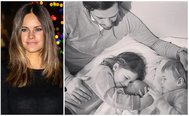 Woman smiling with festive lights and a grayscale family moment with children cuddling and a man's hand embracing them.